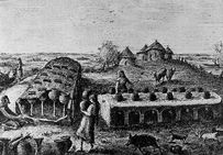 Idée de L'Ilot : dessin de Octave de Rochebrune décrivant les huttes gauloises et les savonneries de l'Ilot-les-Vases à Nalliers (Vendée).