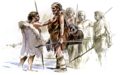 Scène de rencontre entre des Néandertaliens et un Homme moderne